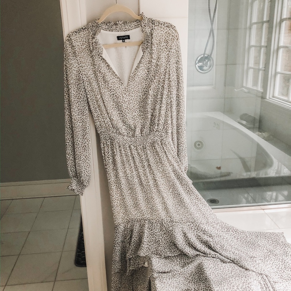1 State white leopard high-low dress
